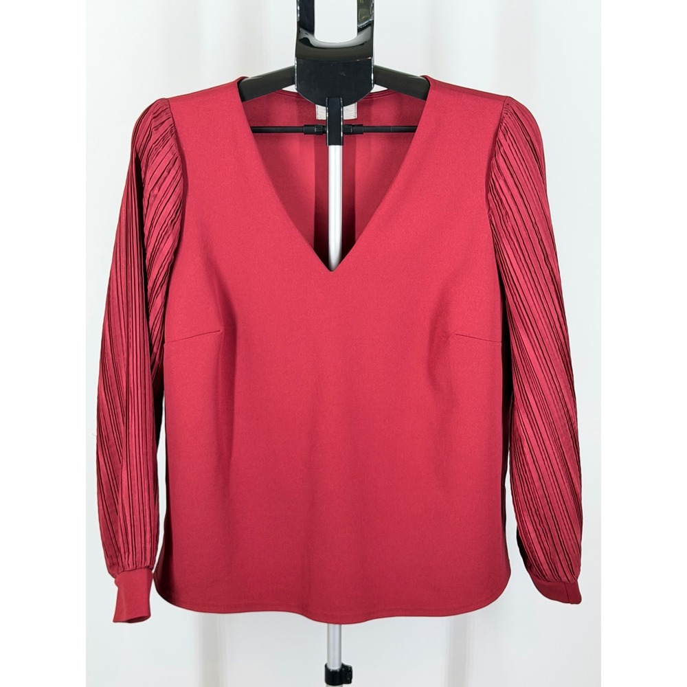Melloday Women Burgundy Red V-Neck Pleated Long Sleeve Blouse Top Large